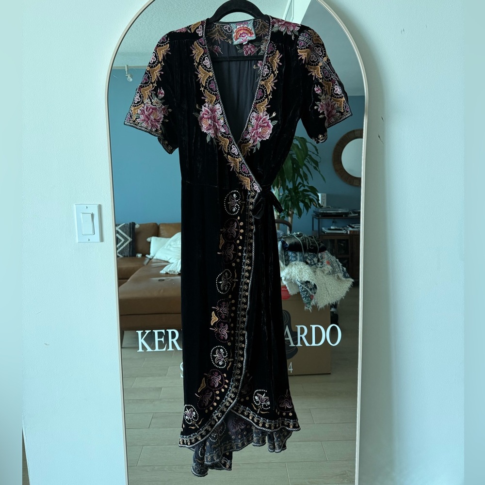 Johnny Was Elegant Black Velvet Embroidered Floral Wrap Dress